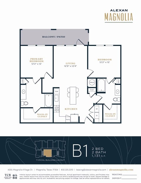 Floor plan for 2 beds, 2 baths, 1131 sqft
